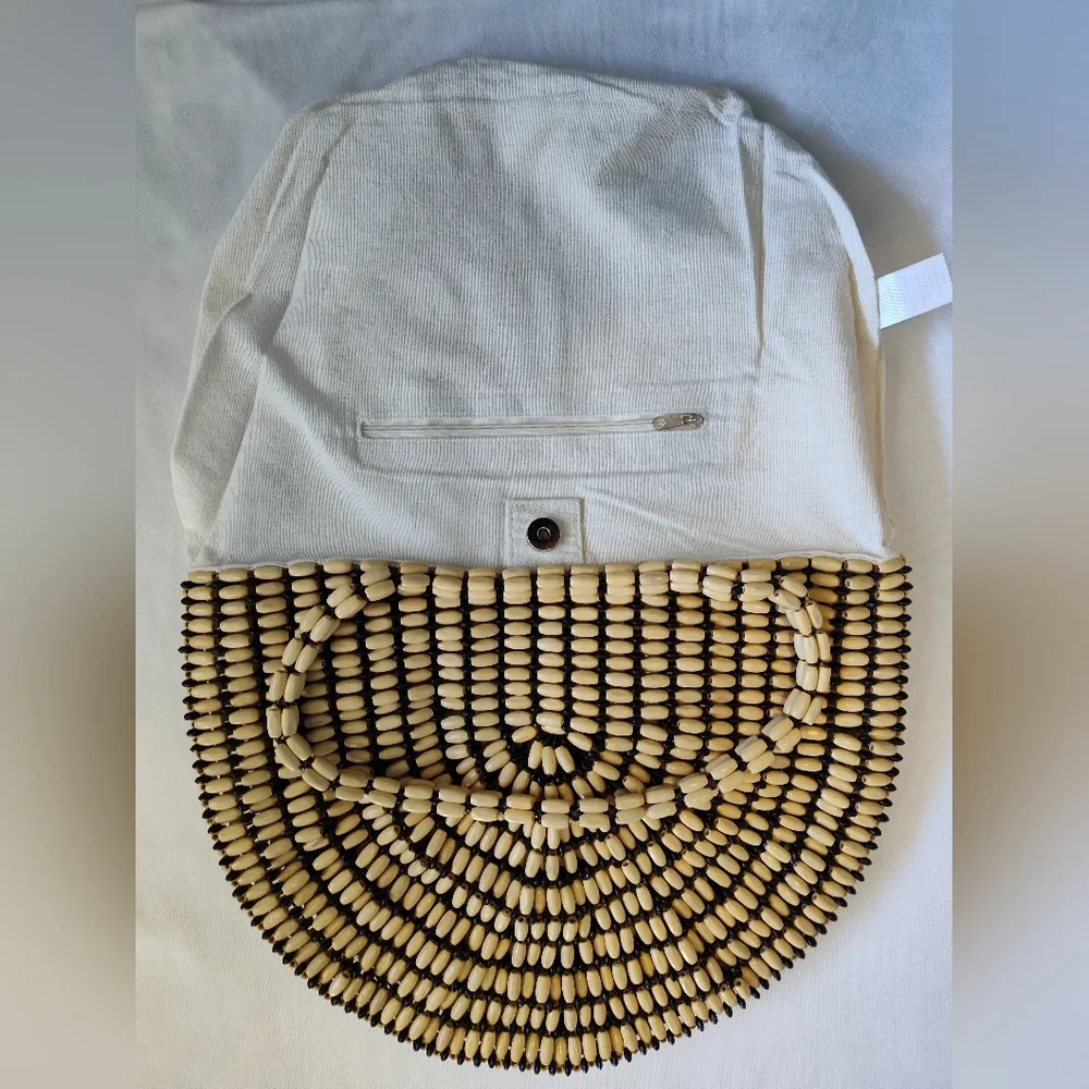 Rachel Ashwell NWT Beaded Wood Tote Bag Boho Resort Statement Handbag - Picture 5 of 9